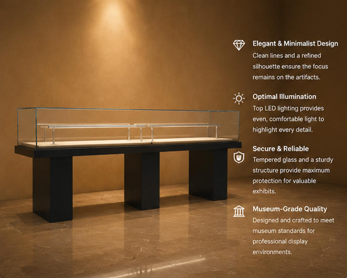 Close-up full-length low-iron UV glass rail, thin stainless steel support posts, full acid-free linen surface inside multi plinth long vitrine linear artifact display table