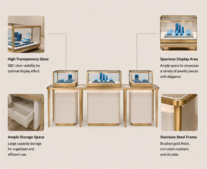 Features diagram of multi-case jewelry retail station with symmetrical display layout