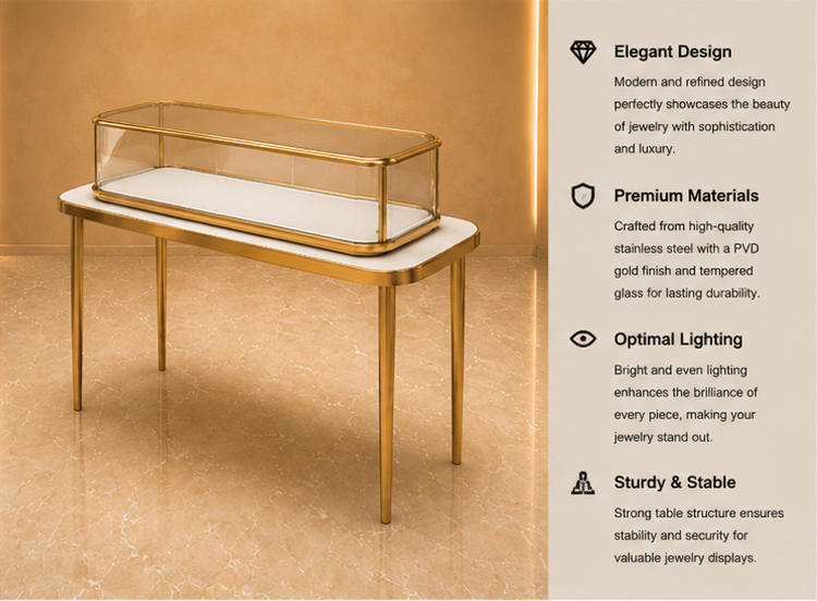 45° render raised long vitrine four leg slim table low profile glass tray elevated counter stand long narrow kiosk functional labels