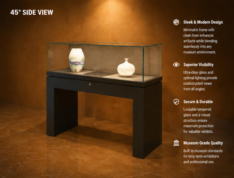 Close-up full surrounding low iron UV glass, textured linen backdrop panel, lockable front glass frame inside u frame ceramic vitrine open leg pottery case