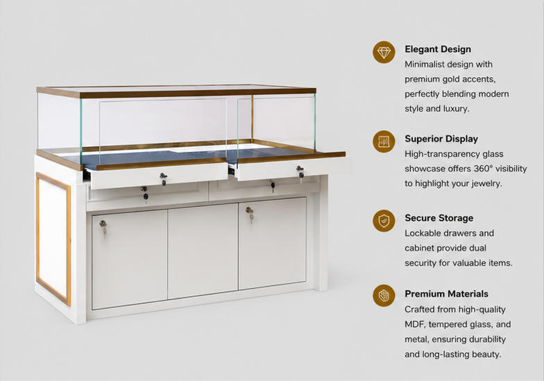 45 Degree Full Render of White Gold Trim Multi-lock Pull-out Sliding Glass Jewelry Lockable Display Counter