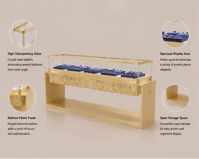 Structure of hollow gold tier open long glass multi-jewelry rack