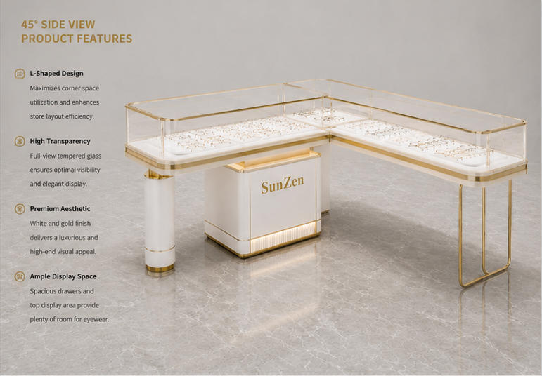 45° oblique view L-shaped gold frame optician booth enclosed glass frame display unit feature labels