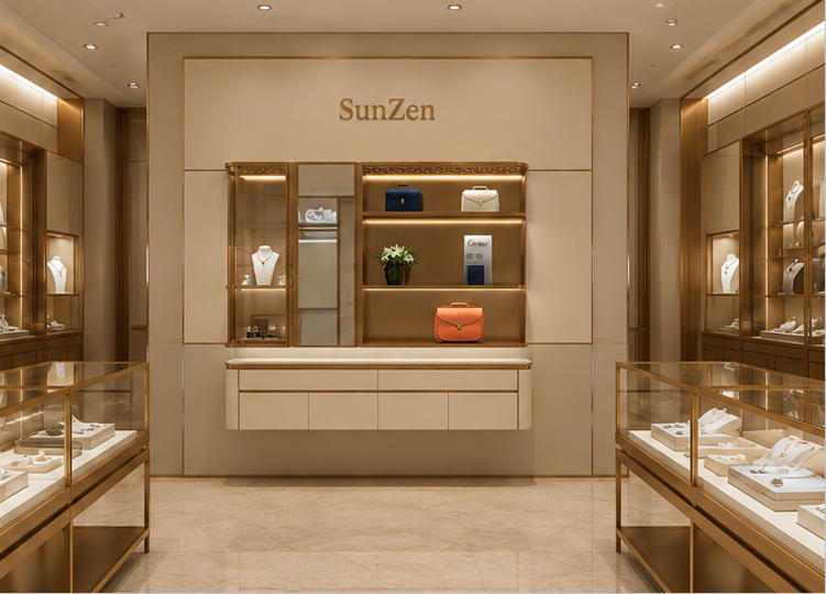 On-site render dual compartment wall unit luxury goods backdrop wall installed as full merchandise background wall inside high-end handbag & jewelry combined luxury boutique