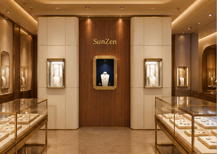 On-site render triple niche brand wall wood cream panel wall installed as flagship entrance brand image backdrop inside high-end luxury jewelry boutique