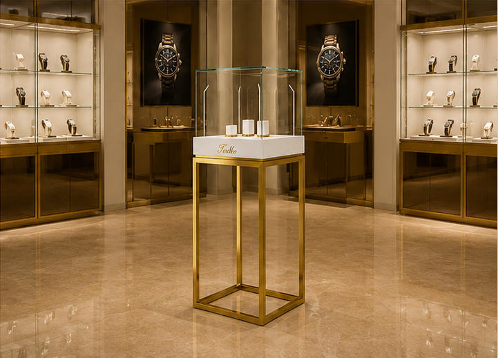 Real shot bronze timepiece cabinet on boutique sales counter