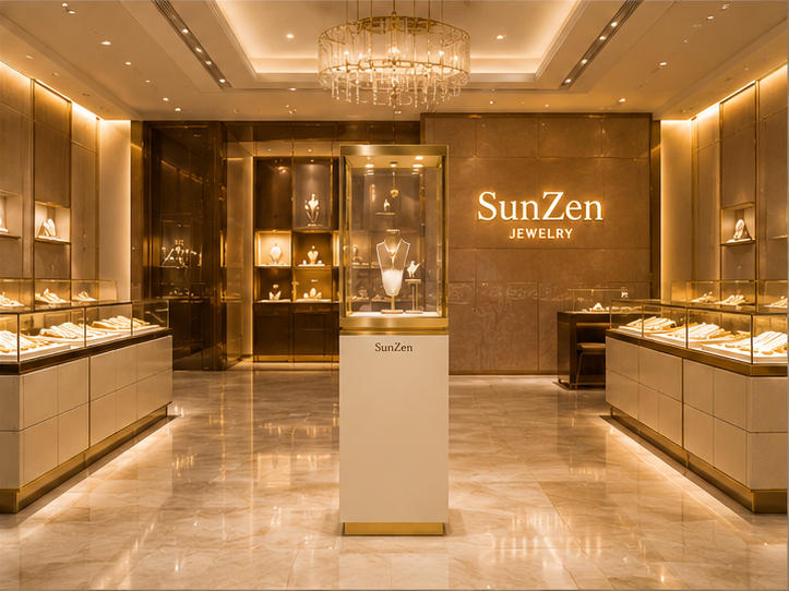 On-site render cream square pedestal gold frame tower vitrine branded gem display stand arranged in mall luxury jewelry store aisle landmark zones