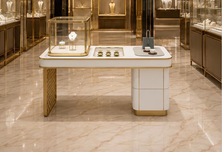 Real Installation Shot Of Three-Zone Integrated Jewelry Multi-function Display Table In High-End Light Luxury Fine Jewelry Boutique Independent Consultation Zone