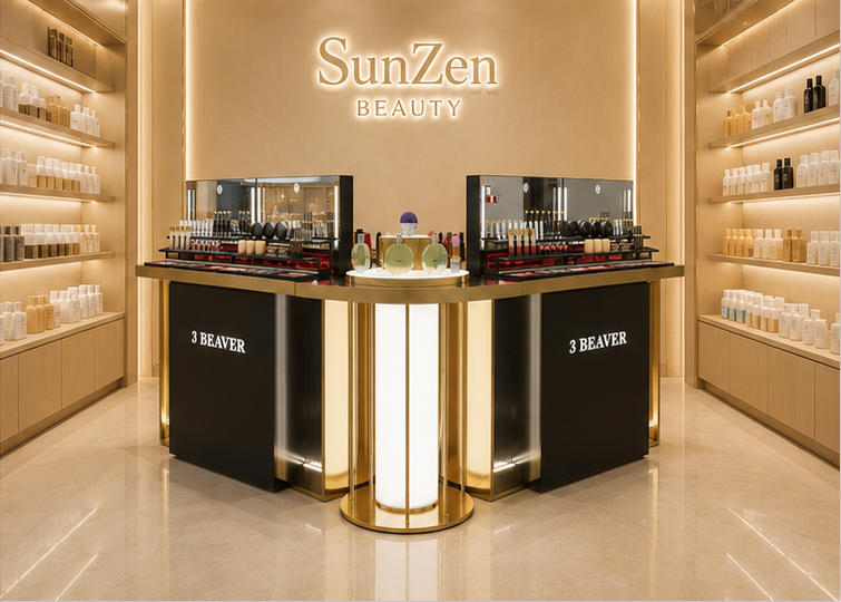 Front full render shot curved gold makeup island inside high-end beauty retail boutique