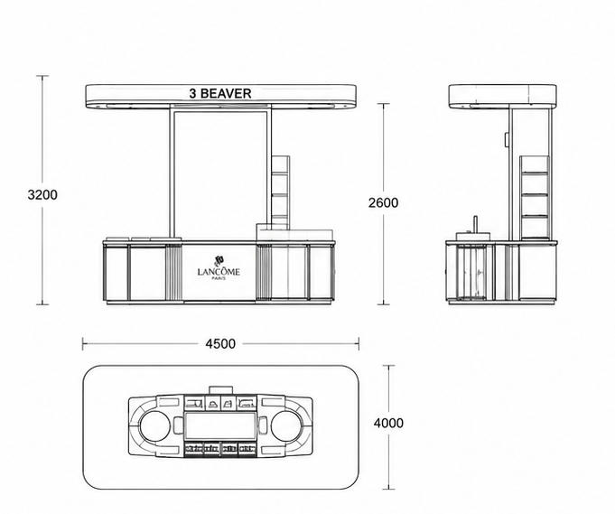 CAD drawing full curved roof LED cosmetic mall kiosk central large vertical advertising billboard multi-brand display counter