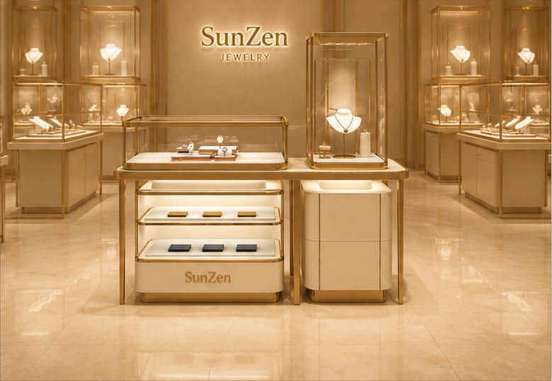 On-site render combined jewelry display set mixed gem retail suite arranged as core retail display zone inside cream-gold light luxury jewelry boutique