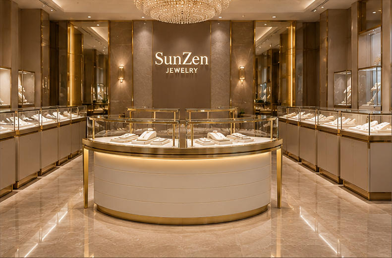 On-site render curved cream jewelry counter round layered base unit center gem display island placed as central focal island inside luxury mall jewelry boutique