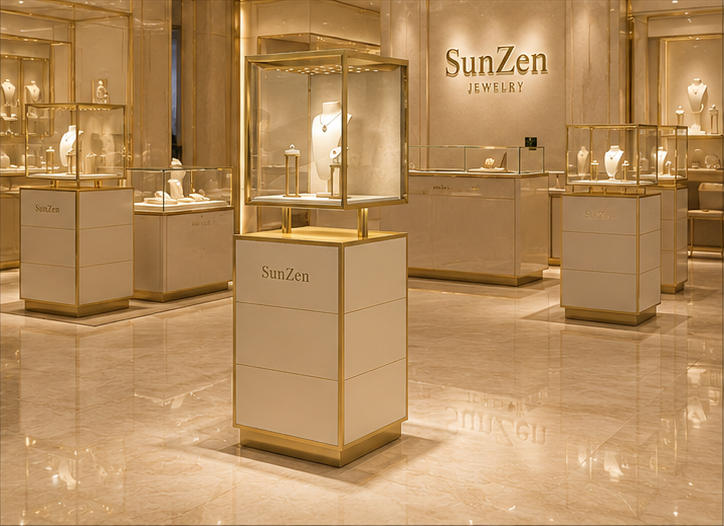 On-site render split tier gem pedestal dual post display booth placed as window focal landmark inside modern cream-gold tone luxury jewelry boutique