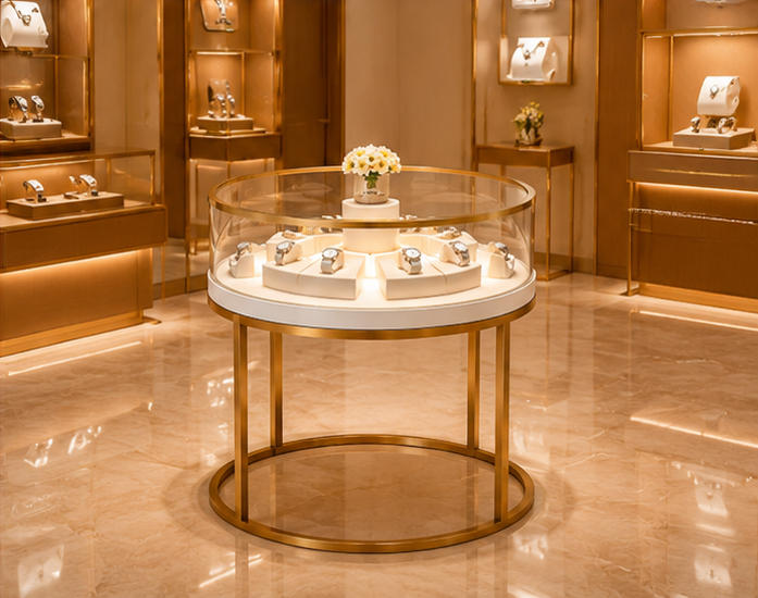 Round gold rotary watch table placed as central featured fixture inside luxury watch boutique mall store