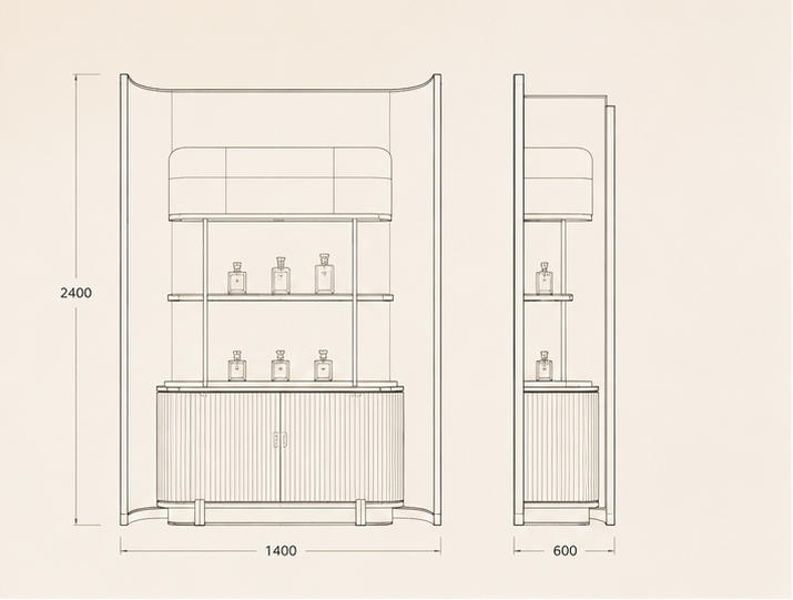 CAD drawing curved marble backdrop freestanding perfume wall ribbed storage base layered glass shelf