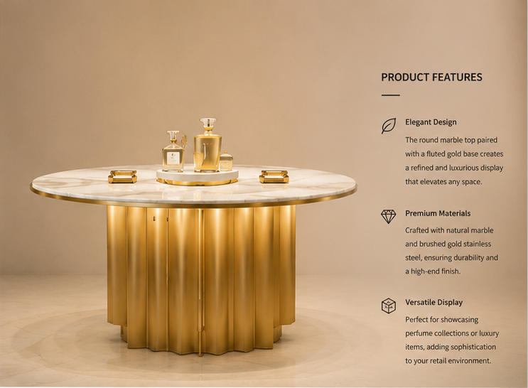 45° oblique view fluted gold central fragrance pedestal with selling feature labels