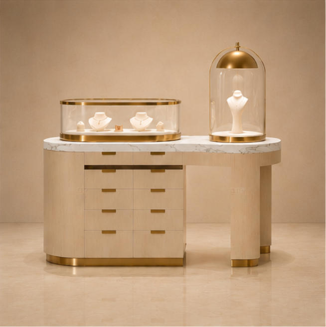 Marble jewelry counter with wood grain base and glass display for luxury retail