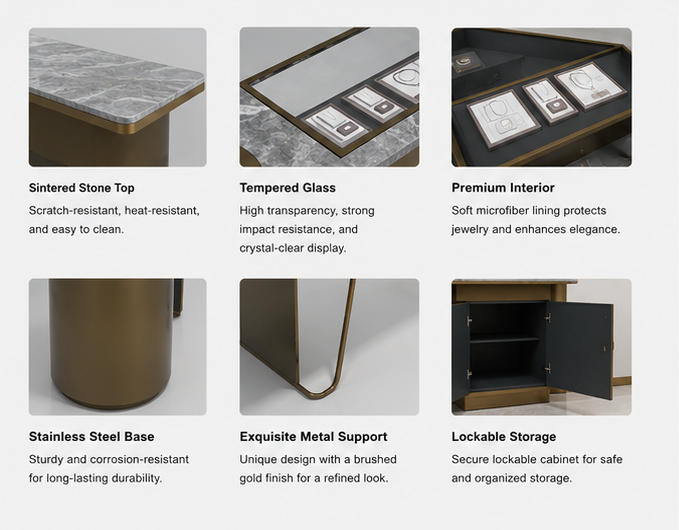 Material & Craft Close-up of Grey Vein Marble Bronze Cylinder Recessed Sunken Glass Jewelry Display Counter