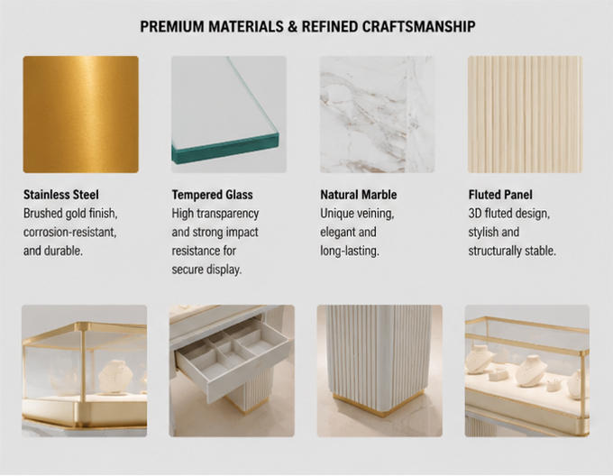 Close-up natural marble slab, vertical ribbed panel & gold trim frame