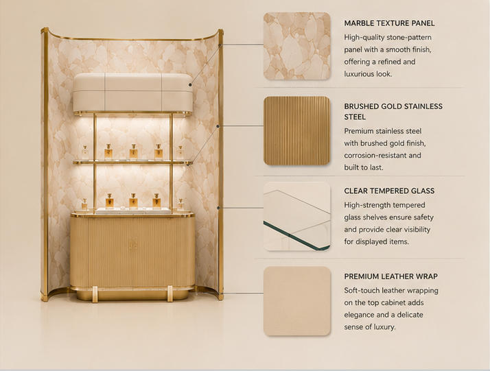 Close-up natural marble vein, ribbed texture base and polished gold frame for scent wall