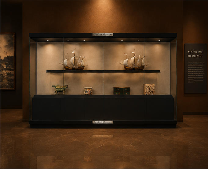 On-site render two-tier marine vitrine long double deck exhibit unit maritime artifact display cabinet placed in maritime culture museum exhibition hall