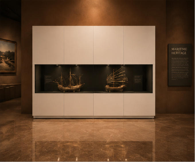 On-site render ship model vitrine horizontal marine unit closed storage heritage cabinet installed in maritime culture museum