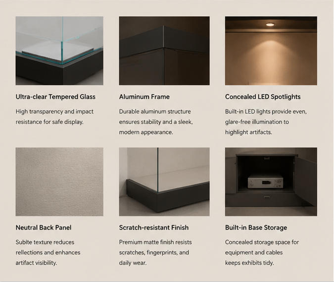 Material photo matte frame, anti-UV glass, archival liner for layered metal cabinet multi-item wall unit