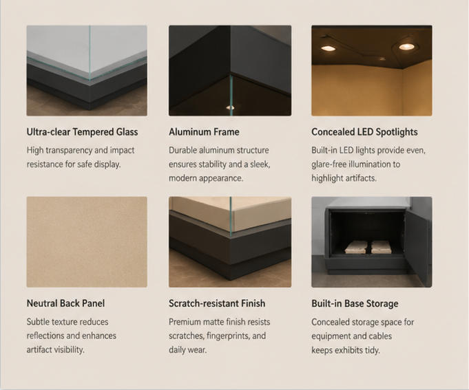 Material close-up matte black wall cabinet frame, anti-UV transparent glass, soft archival linen lining for textile back statue case twin tier heritage cabinet