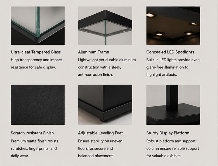 Material photo matte black square base frame, low iron anti-reflection tall glass, natural solid wood display top for wood top pedestal case metal relic display cabinet