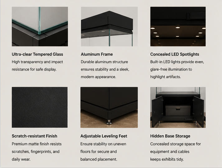 Material close-up matte dark cube solid pedestal, low iron UV tall glass, soft white display pad for dark cube pedestal case ceramic relic display cabinet