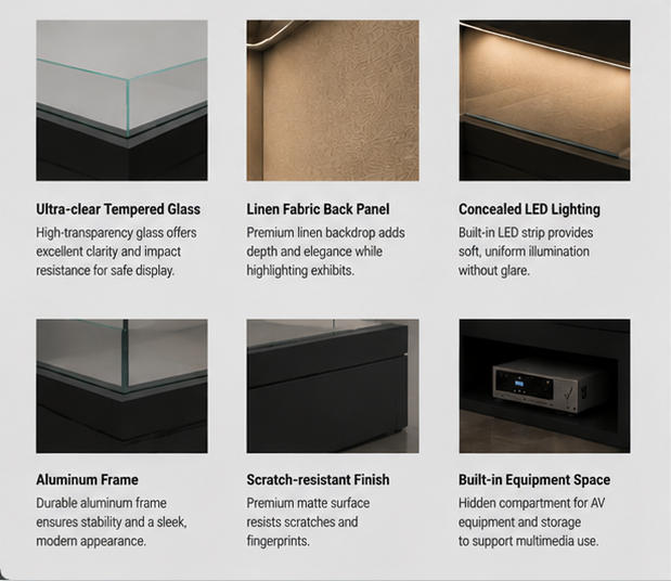 Material close-up matte dark seamless L-shaped frame, low iron anti-UV corner glass, neutral fabric interior liner for dual side artifact booth built-in gear heritage case