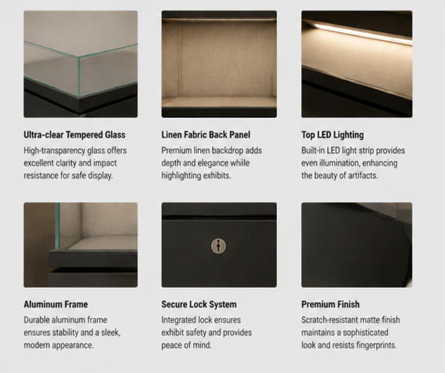 Material close-up matte black hollow U-frame support base, anti-UV tempered surrounding glass, neutral textured linen backdrop for linen backdrop artifact booth hollow base heritage cabinet