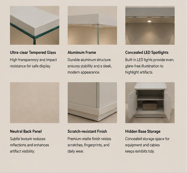 Material close-up seamless matte white outer frame, light grey matte interior liner, low iron anti-reflection glass for clear tier shelf case freestanding yacht cabinet