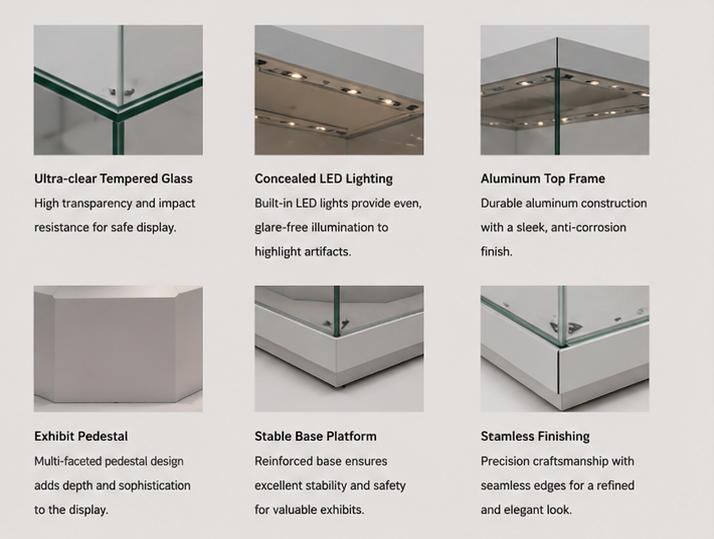 Material close-up seamless matte white integrated tall cube frame, low iron anti-reflection glass, soft white base lining for raised inner pedestal case yacht model heritage cabinet