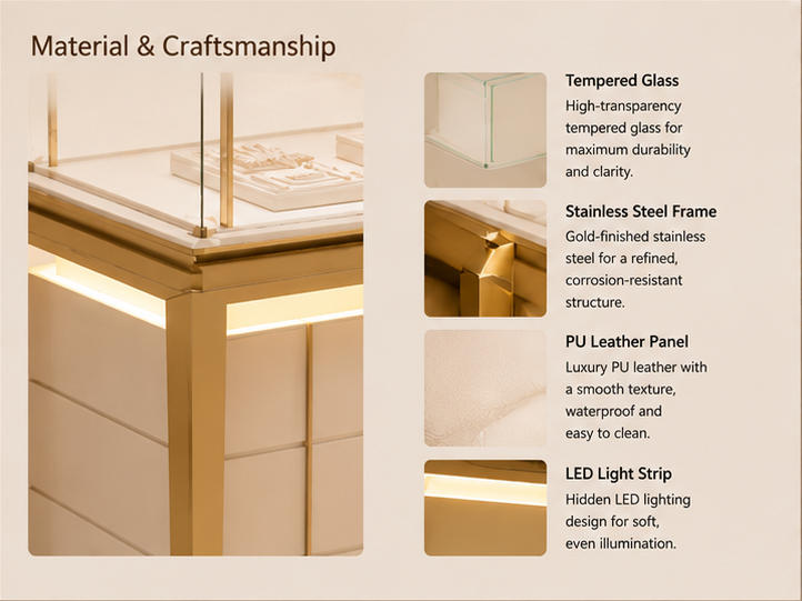 Material close-up seamless matte white multi-drawer storage cabinet, anti-oxidation electroplated gold frame, low iron clear glass for rectangle glass top case luxury gem display cabinet