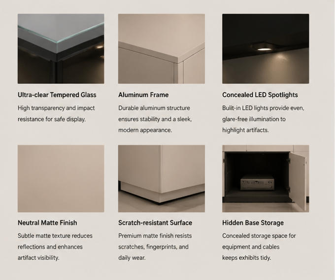 Material close-up seamless matte white split frame, low iron UV glass, solid closed storage cabinet for white frame exhibit case closed storage heritage cabinet