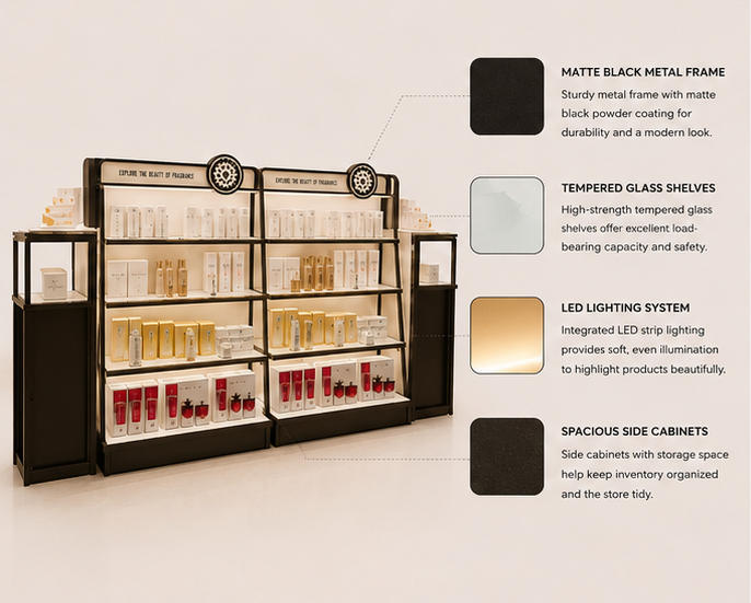 Close-up matte black metal frame, back LED strip and circular emblem for cosmetic display rack