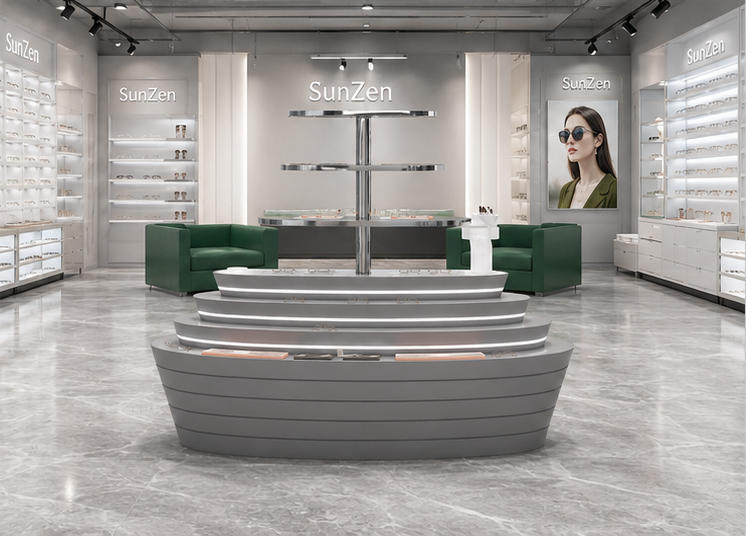 Full front render shot curved tier LED eyewear island inside modern minimalist optical boutique
