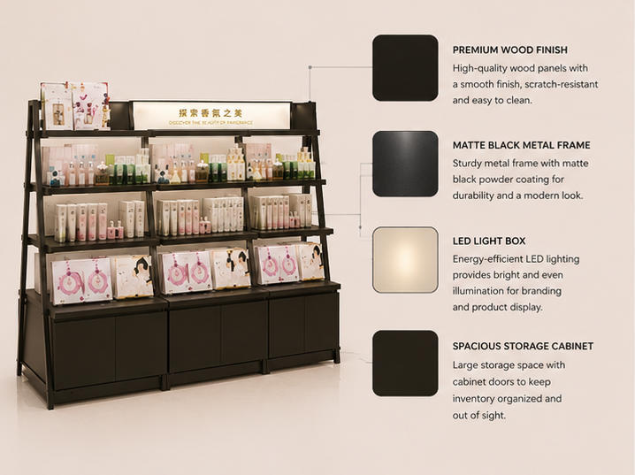 Close-up matte black metal frame and flat shelf for beauty product display
