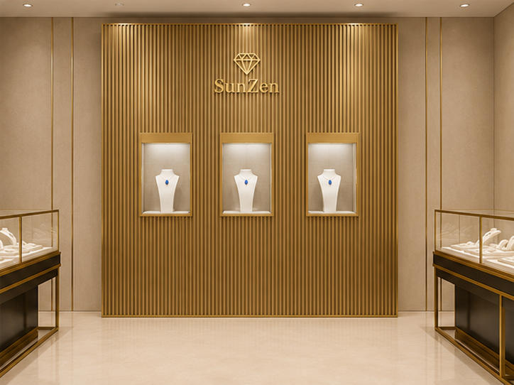 Real Installation Shot In Modern Metallic Luxury Fine Jewelry Boutique