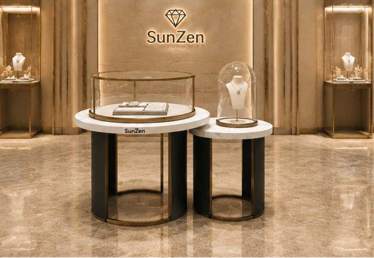Real Installation Shot In Minimalist Designer Fine Jewelry Boutique Storefront Window & Entrance Focal Zone