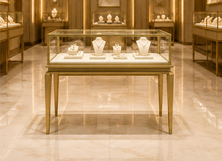 Real Installation Shot Of Full Gold Frame Divided Glass Hood Jewelry Tall Glass Top Display Table In White Light Luxury Jewelry Boutique & Beauty Salon Reception Window Focal Zone