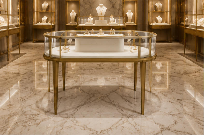 Real Installation Shot Of Full Gold Frame Oval Jewelry Display Table In Minimalist Light Luxury Fine Jewelry Boutique Window Private VIP Consultation Corner Focal Zone