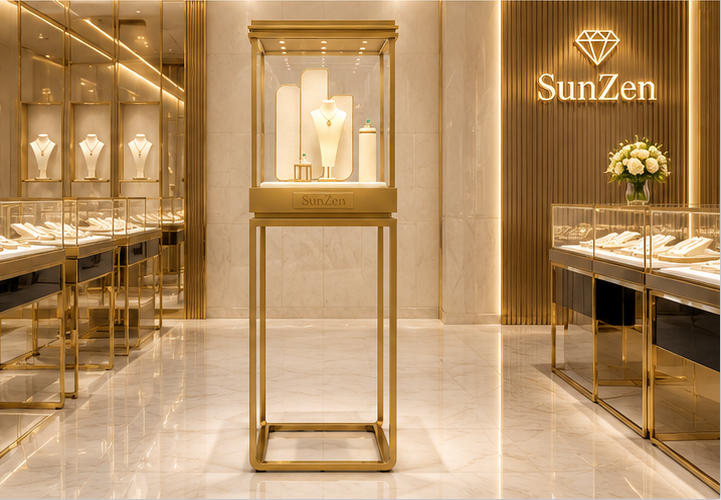 Real Installation Shot In Minimalist Light Luxury Fine Jewelry Boutique Storefront Window & Entrance Corner Landmark Focal Zone