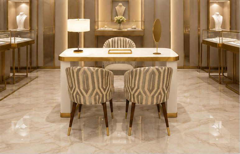 Real Installation Shot Of White Gold Jewelry Consultation Desk Set In Modern Light Luxury Fine Jewelry Boutique Aisle Independent Reception Zone