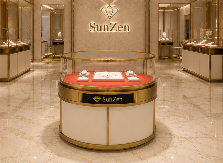 Real Installation Shot In Minimalist Light Luxury Fine Jewelry Boutique Central Focal Zone