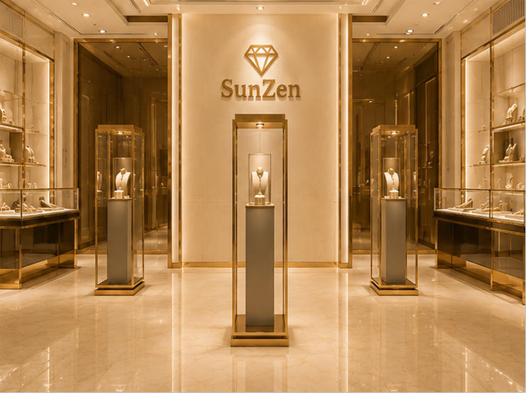 Real Installation Shot In Minimalist Luxury Fine Jewelry Boutique Corridor & Window Edge Zone
