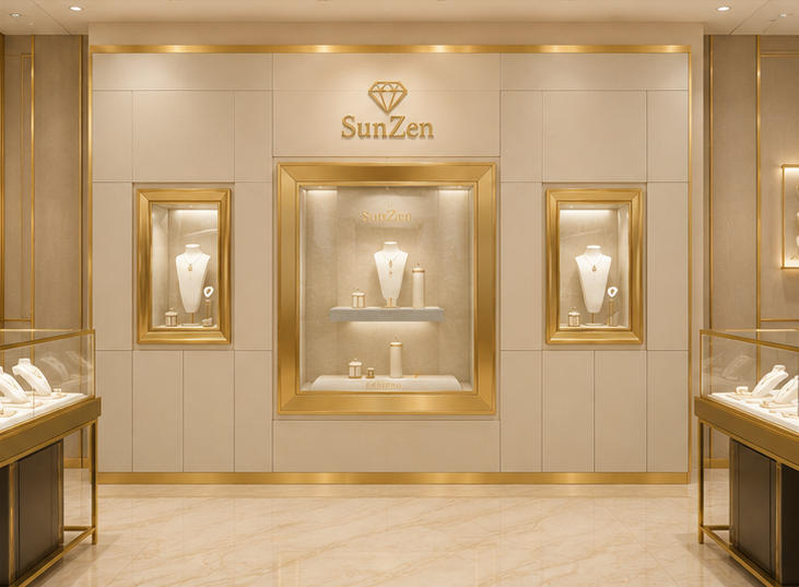 Real Installation Shot In Minimalist Luxury Fine Jewelry Boutique