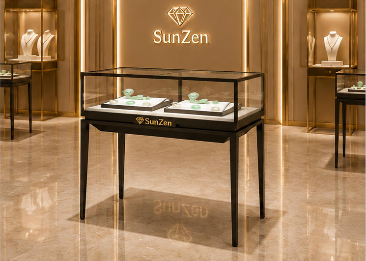 Real Installation Shot In Minimalist New Chinese Jade Fine Jewelry Boutique Storefront Window & Entrance Passage Focal Zone