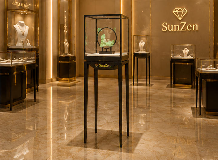 Real Installation Shot In Minimalist New Chinese Jade & Craft Jewelry Boutique Storefront Window & Aisle Side Focal Zone